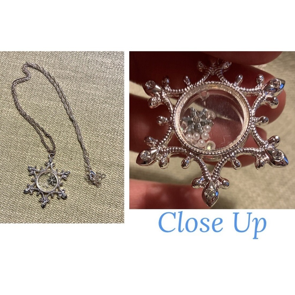 Silver Tone Snowflake Shaker Pendant Necklace Rhinestone Pearl Floating Charms